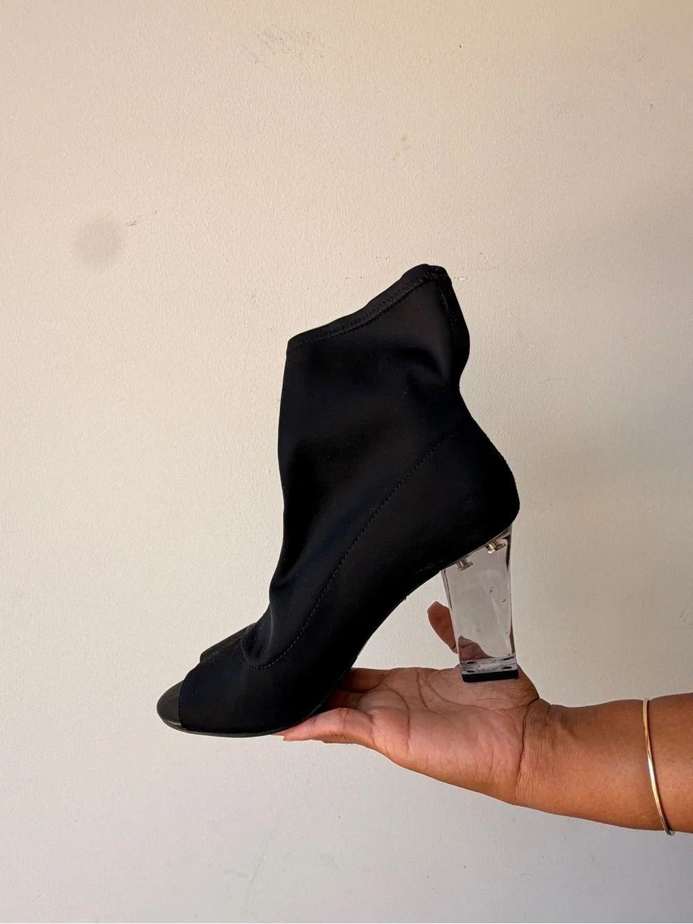 Black Peep-Toe Sock Boot with Clear Block Heel